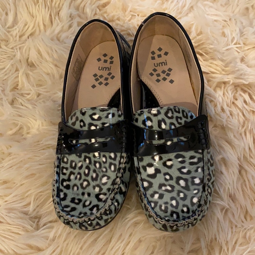 Umi kids patent leather leopard print loafers robins egg blue dress shoes